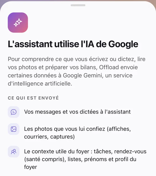 L’écran de consentement : l’assistant utilise l’IA de Google, et voici ce qui lui est envoyé.